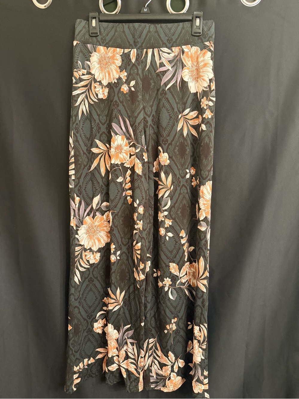 JW Los Angeles Johnny Was Brand Black Straight Leg Pants with Peach Floral Print